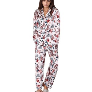 Anna-Kaci Lounge Women's Jungle Animal and Floral Pajama Set with Long Sleeve Notch Collar Button Down Top and Relaxed Woven Pants - 1 of 4