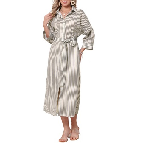 Женские платья INSPIRE CHIC Women's Casual Turndown Collar Stripe 3/4 Sleeve Button Down Split Belted Midi Shift Dress Small Khaki