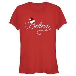 Juniors Womens Lost Gods Santa Hat Believe T-Shirt - 1 of 4