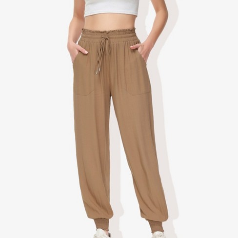 Anna Kaci Women s Summer Comfy Lightweight Drawstring Elastic High Waist Joggers Pants with Pockets Medium Light Khaki