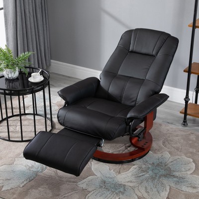 Black Faux Leather Swivel Recliner with Wood Base
