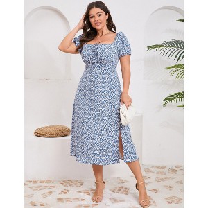 Womens Plus Size Summer Casual Square Neck High Waist Ruffle Floral Wrap Maxi Dress - 1 of 4