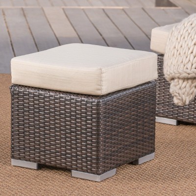 Multibrown and Beige Faux Rattan Outdoor Ottoman with Water-Resistant Cushion