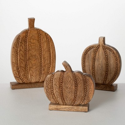 8"H  9"H & 12.25"H Sullivans Rustic Wooden Pumpkin Set of 3  Natural