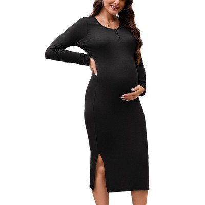 INSPIRE CHIC Women's Split Maternity Dress Long Sleeve Henley Collar Button Bodycon Ribbed Knit Pregnancy Photoshoot
