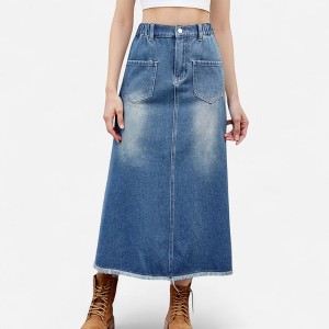 Anna-Kaci Women's High Waist A-Line Denim Maxi Skirt with Front Patch Pockets and Raw Hem Detail - 1 of 4