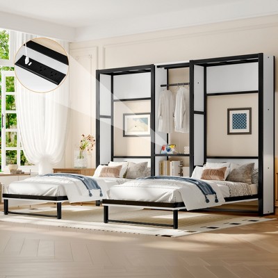 TIRAMISUBEST 2-in-1 Twin/Twin Murphy Bed, Folding Bed Frame Set with Clothes Hanging Rods, Storage Shelves & Charging Station