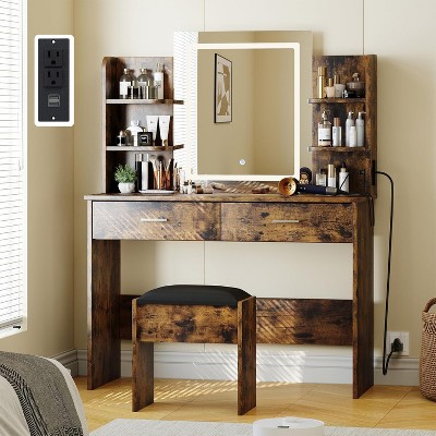 Vanity Desk with Mirror and Lights,6 Storage Shelves, 2 Large Drawers and 3 Color Light Adjustable Brightness