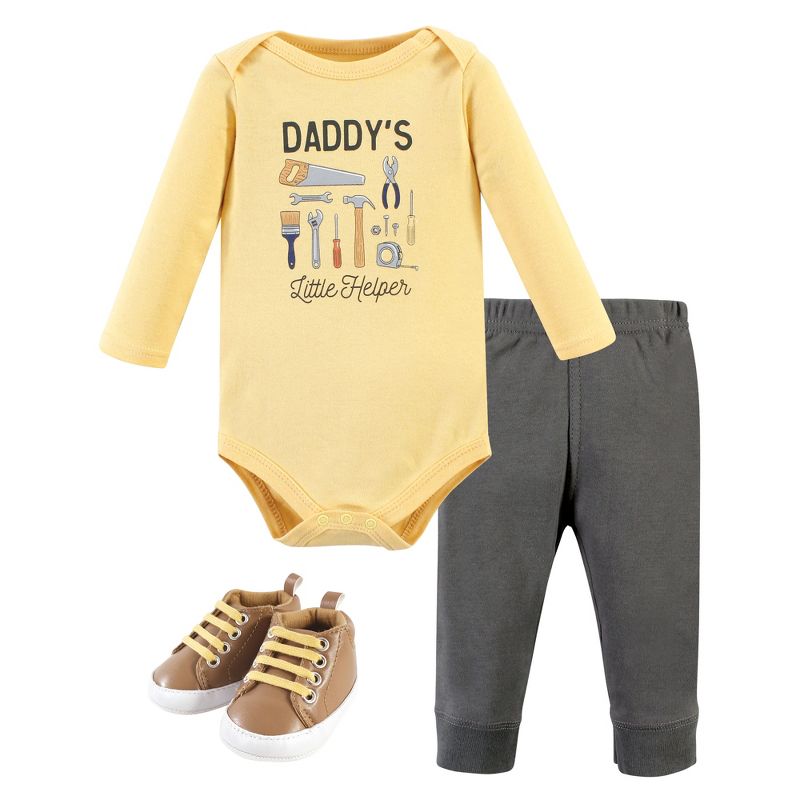 Hudson Baby Infant Boy Cotton Bodysuit, Pant and Shoe Set, Construction Work Long Sleeve, 1 of 6