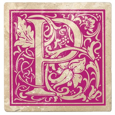 Christmas by Krebs 4pc Ivory and Tutti Frutti Pink Alphabet "P" Square Monogram Coasters 4"