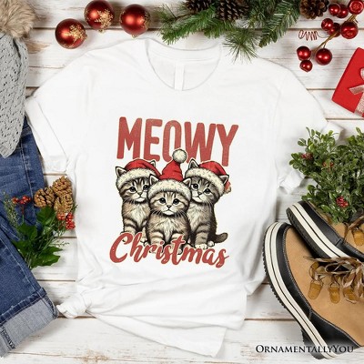 Cute Meowy Christmas T-Shirt, Baby Cat In Santa Hat Holiday Tee| OrnamentallyYou