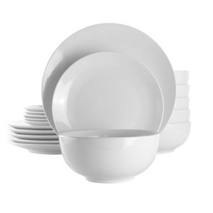 18pc Porcelain Luna Dinnerware Set White - Elama: Service for 6, Microwave & Dishwasher Safe, Includes Plates & Bowls - 1 of 4