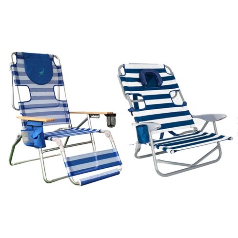 Ostrich 3N1 Altitude 16 High Outdoor Reclining Beach Lounge Chair with On Your Back Outdoor Lounge 5 Position Recline Beach Chair Striped Blue