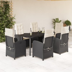 vidaXL 7 Piece Patio Dining Set - Poly Rattan Reclining Garden Chairs with Cushions, Black, Glass Table, Outdoor Use, Adjustable Backrest - 1 of 4