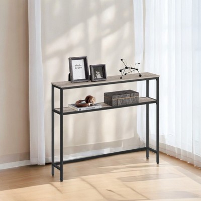 LEDREM Heather Greige and Ink Black Console Table. A 2 - Tier, 7.9 x 39.4 x 31.5 - Inch Narrow Entryway Table with 2 Shelves. Sofa Table