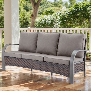 POCASSY Outdoor 75" Outdoor Sofa with Metal Armrest, All Weather Patio Brown Wicker Sofa Outdoor Couch Furniture for Porch, Deck, Garden - 1 of 4