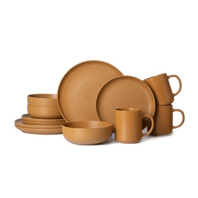 Syemin Dining Bowls 3 Person Stoneware Dinnerware Set Microwave Dishwasher Safe Chip-Resistant Matte Glaze Stackable Storage, Orange, 10"*10"*2.4"