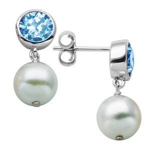 Sterling Silver Genuine White Pearl and Genuine Bezel Set Blue Topaz Post Earrings, Women