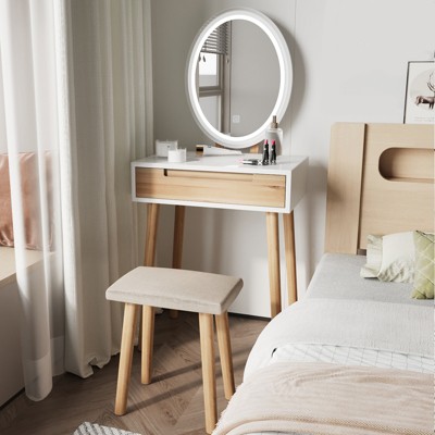 Elecwish Wood Small Vanity Table with Mirror and Chair