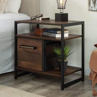 Barrel Oak and Metal Frame Nightstand with Drawer