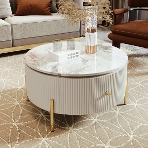 Angel Sar Modern Round Coffee Table, 31.5 Inch Accent Table with 2 Drawers, Marble Pattern Top with Gold Legs - 1 of 4