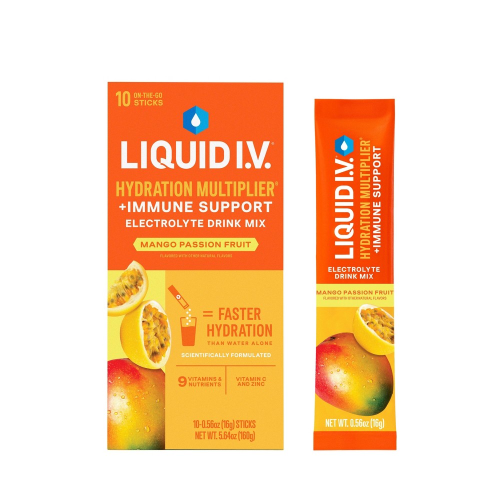 Liquid I.V. Hydration Multiplier + Immune Support Powder Energy Supplements - Mango Passion Fruit - 0.56oz/10ct