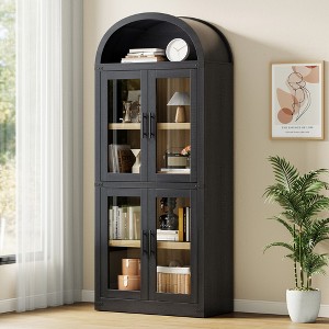 Arched Bookshelf with Doors Farmhouse Bookcase Display Storage Shelves 71.4in Tall Wooden Display Cabinet Rounded Bookcases - 1 of 4