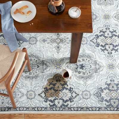 Avani Gray and Blue Medallion Washable Synthetic Area Rug 5' x 7'