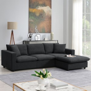 VYNXARIA 100.4" L-Shaped Modern Sectional Sofa Set, 4-Seat Black Polyester Couch with 2 Pillows & Convertible Ottoman - 1 of 4
