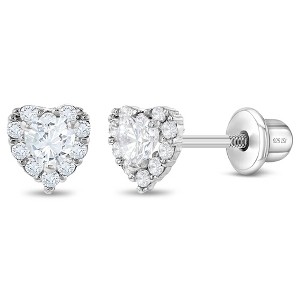 Girl's Princess Heart CZ Screw Back Sterling Silver Earrings - In Season Jewelry - 1 of 4