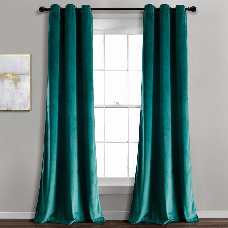 Prima Velvet Solid Light Filtering Grommet Window Curtain Panels Teal Green 38X95 Set, 1 of 7