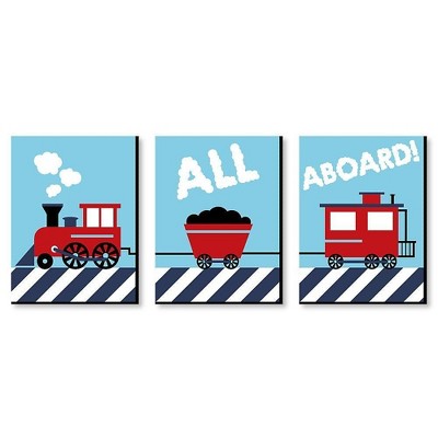 Big Dot of Happiness Railroad Crossing - Steam Train Baby Boy Nursery Wall Art and Kids Room Decor - Gift Ideas - 7.5 x 10 inches - Set of 3 Prints