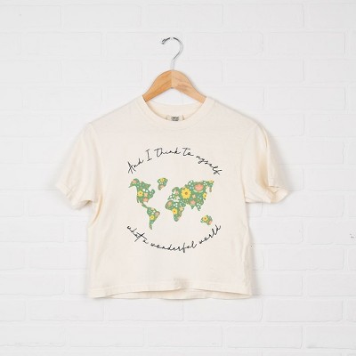 Simply Sage Market Women's What A Wonderful World Short Sleeve Relaxed Fit Cropped Tee