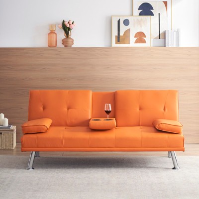 Aukfa 67" Convertible Folding Futon Sofa Bed Leather w/Cup Holders & Armrests