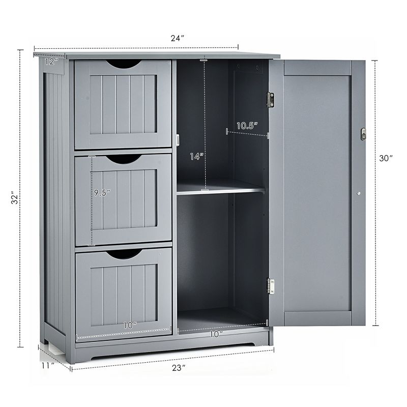 Costway Bathroom Floor Cabinet Side Storage Cabinet with 3 Drawers and 1 Cupboard Grey\ Black, 3 of 10