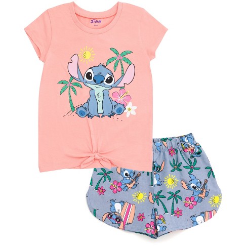 Disney Lilo & Stitch Little Girls T-Shirt and Chambray Shorts Outfit Set Pink / Multicolor 7-8