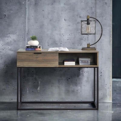 INFURNIC Writing Desk Rustic Desk with Self-Closing Door Storage and Sturdy Metal Base for Office, Brown, 14"*42"*30"