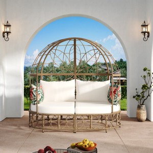 59.8'' Canopy Daybed Outdoor Wicker Patio Solarium Beds, Sunbed with Canopy, Colorful Pillows and Beige Cushions – Maison Boucle - 1 of 4