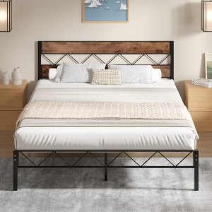 VECELO Metal Platform Bed Frame with Rustic Vintage Wooden Headboard, Heavy Duty Metal Slats Support - 1 of 4