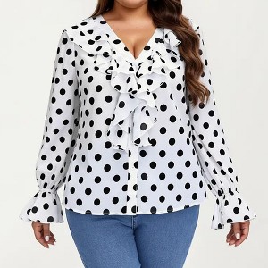 Anna-Kaci Women's Plus Size Long Sleeve Polka Dot Blouse with