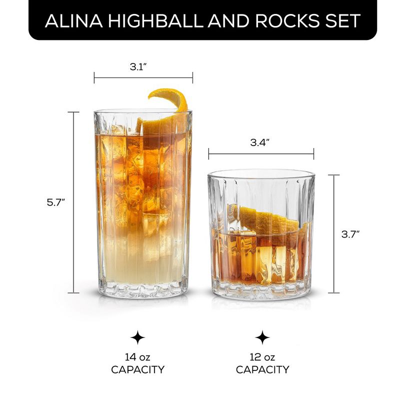 JoyJolt Alina 8 Piece Ribbed Glass Drinkware Set - 12oz Rocks Glasses and 14oz Highball Glasses. Cocktail Glasses,, 3 of 10