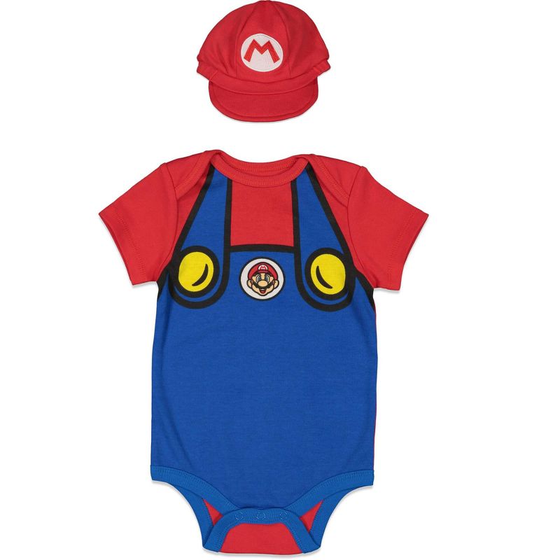 SUPER MARIO Nintendo Mario Luigi Baby Bodysuit and Hat Set Newborn to Infant, 1 of 8
