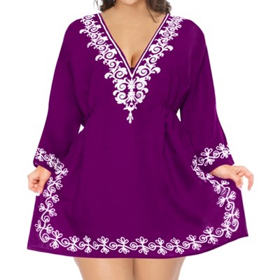 LA LEELA Women's Summer Vacation Beachwear Mini Bathing Suit Short Beach Dress Bikini Swimsuit Cover ups Medium-Large Purple, Solid