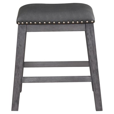 Transitional Gray Leather Wood Counter Stools with Nailhead Trim (Set of 2)