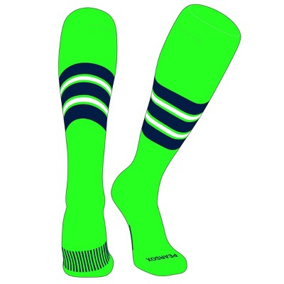 PEAR SOX Striped OTC Baseball, Softball, Football Socks (E) Neon Green, Navy, White