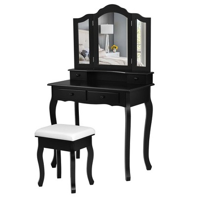 Avery Black Makeup Vanity Set with Lighted Mirror - Vanity Set & Mirror & Stool