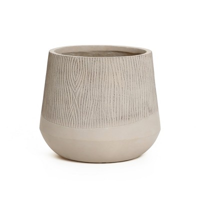 LuxenHome 12" Dia Concrete Round Tapered Planter Large Outdoor Indoor Plant Pot Distressed Wood Pattern Planter Pot for Home Garden Patio Brown