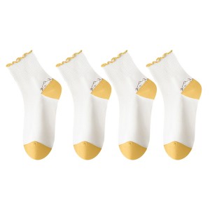 Anna-Kaci 4 Pairs Mid-Crew Ruffle Trim Socks with Contrast Toe Heel and Cat Embroidery Design - 1 of 4
