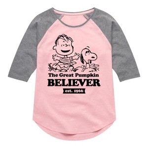 Girls' - Peanuts - The Great Pumpkin Believer Shirt Tail Raglan Graphic T-shirt - 1 of 4