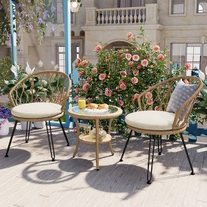 Racxily Patio Dining Sets with 2 Rattan Single Chairs and Glass Round Table, Outdoor Leisure Set for Patios, Balconies, Courtyards - 1 of 4